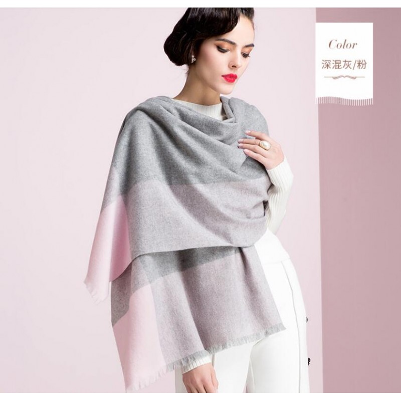 Pure Cashmere Scarf Women Pink Gray Plaid Fashional Winter Warm Scarf